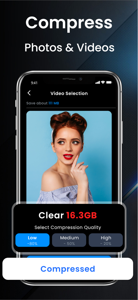 Easy Cleaner app interface showing video compression options to save storage space with low medium and high quality settings