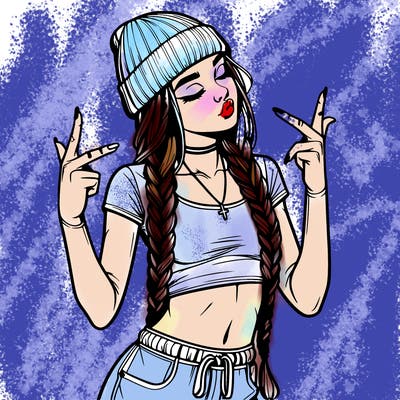 realistic teenage girl with braids and a beanie and crop top doing 🫶🏼
