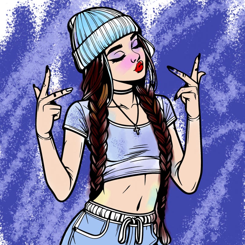 realistic teenage girl with braids and a beanie and crop top doing 🫶🏼