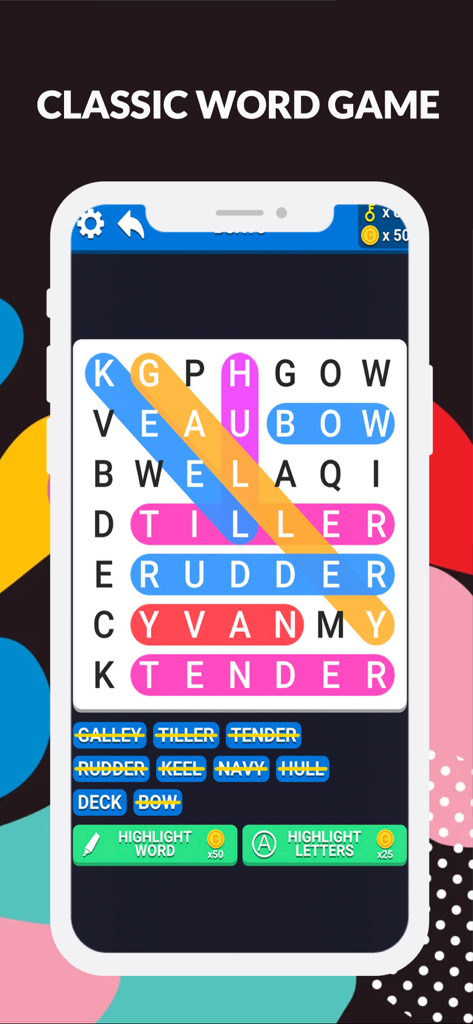 Word Search : Crossword Master - A mobile phone screen showing a classic word search puzzle with colorful highlights on a letter grid.