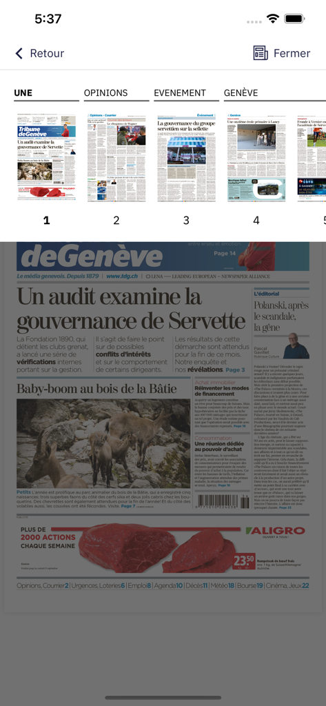 Digitales Zeitungsformat in der mobilen App Tribune de Geneve mit Nachrichtenartikeln und Seiten-Thumbnails