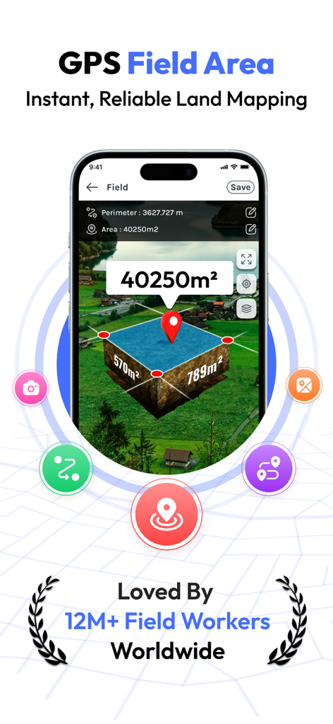FieldCalc app interface demonstrating GPS field area measurement and land mapping.