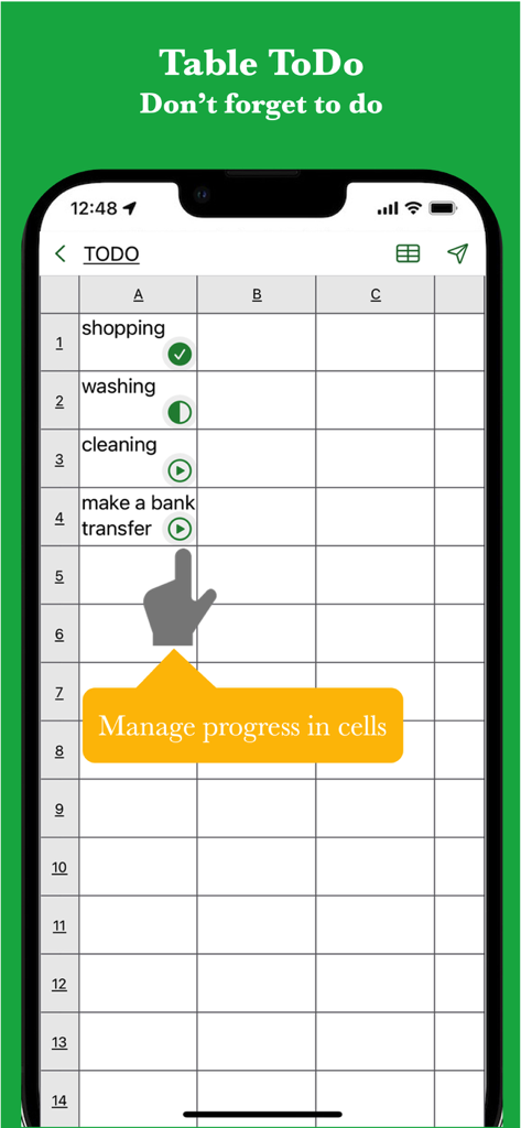 # Simple Table - Note as table - A mobile interface of the Simple Table app showing a todo list with progress icons for tasks like shopping and cleaning.