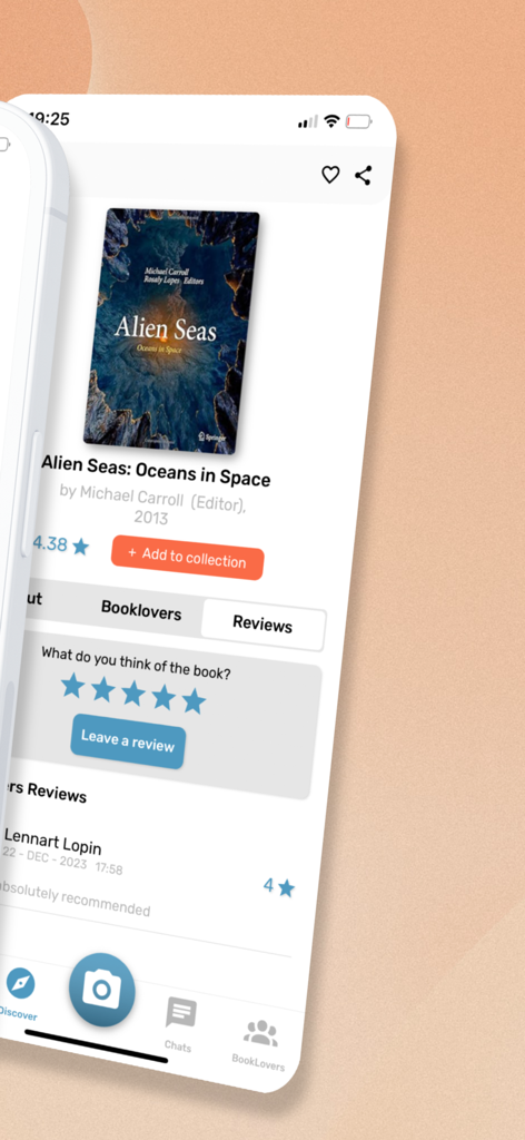 Screenshot dell'app Book Lover che mostra la sezione delle recensioni per il libro Alien Seas Oceans in Space