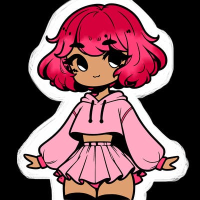 cute femboy with short, fluffy hair that softly frames their face, wearing a cropped hoodie, paired with a flouncy short skirt, and thigh-high stockings