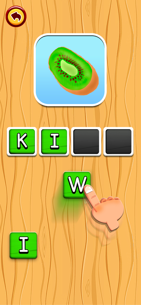 ABC Dinos Premium: Reading - Uma interface de jogo de ortografia onde um dedo arrasta a letra W para completar a palavra kiwi