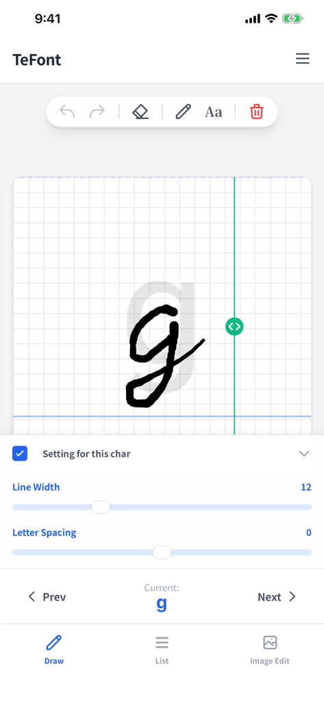 Interface de l'application TeFont montrant le dessin d'un g manuscrit avec les réglages de largeur de ligne et d'espacement.