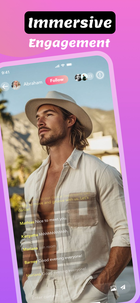 Interface de transmissão ao vivo no aplicativo Teyo com vídeo e mensagens de chat em tempo real.