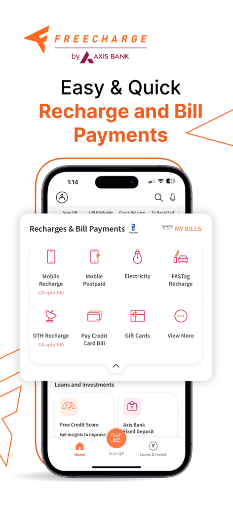 Freecharge app dashboard showing options for mobile recharge electricity bills and FASTag payments