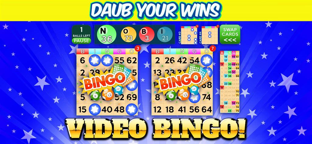Multi Hand Video Poker & Bingo - Gameplay screen of video bingo with two cards showing winning patterns and calling numbers on a starry blue background