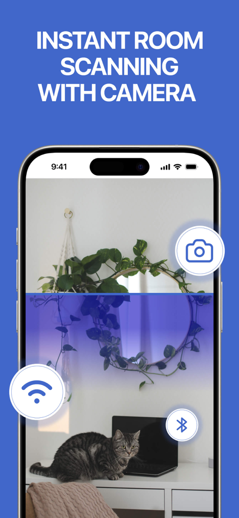 Smartphone screen showing a room being scanned for hidden cameras with WiFi and Bluetooth icons