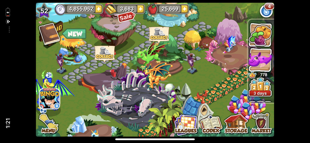 Dragon Story™ - Gameplay screenshot of Dragon Story showing several dragons in their colorful habitats on a magical island