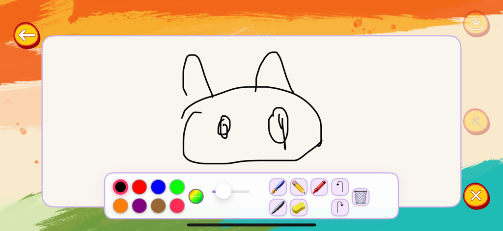 Digital drawing board for kids with a simple animal sketch and colorful art tools