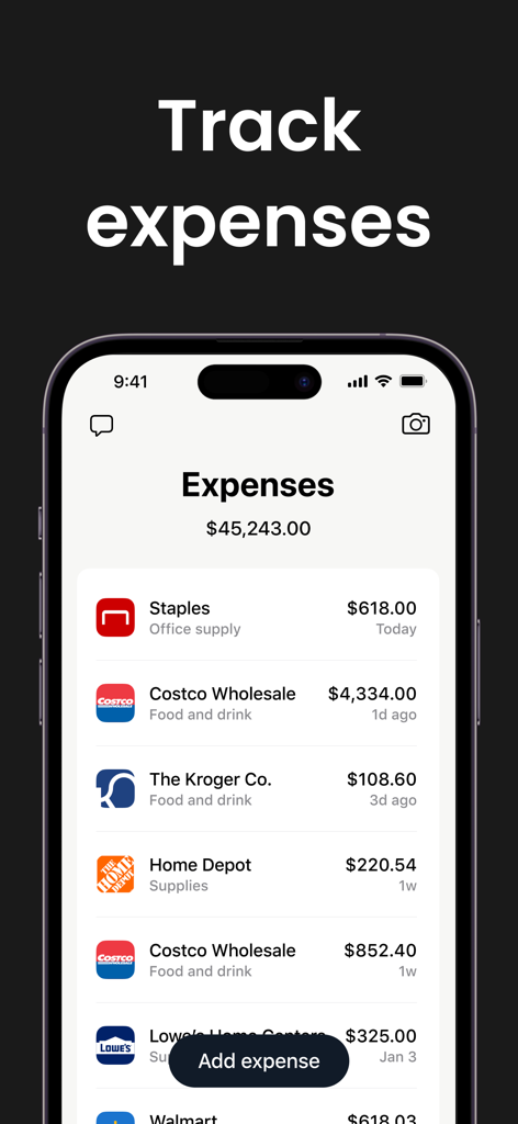 Interface de l'application Tofu sur un iPhone montrant une liste de dépenses professionnelles provenant de détaillants comme Staples et Costco
