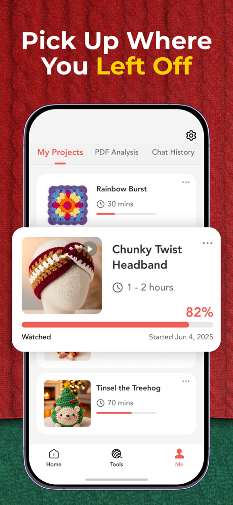 YarnPal app screen showing a project tracker with progress bars for crochet and knitting designs like a headband and holiday plushie
