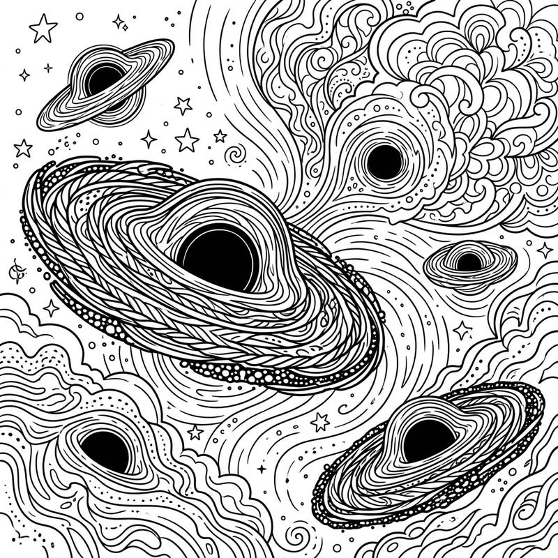 Discover the awe-inspiring power of the universe with this captivating Stellar Black Holes coloring page. Immerse yourself in a cosmic journey, bringing these celestial giants and their swirling accretion disks to life with your colors.