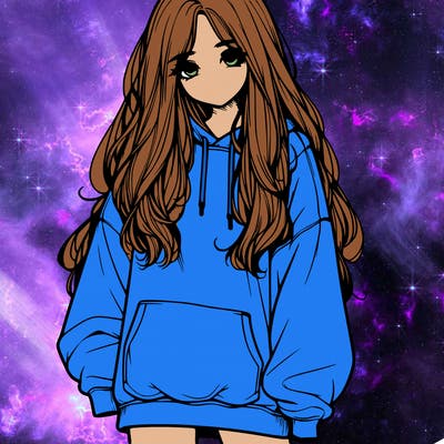 realistic girl with long hair and baggy sweat shirt