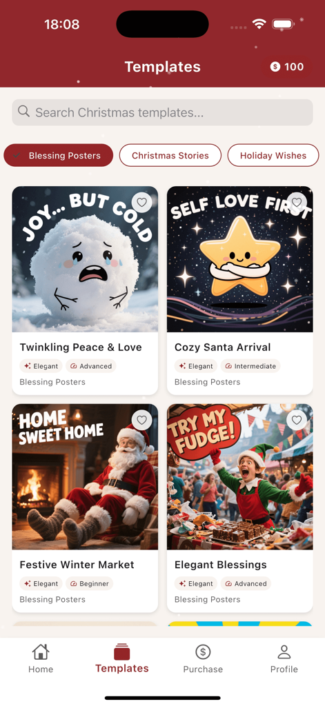 Kevi - The templates screen of the Kevi app displaying various festive Christmas blessing posters and holiday card designs.