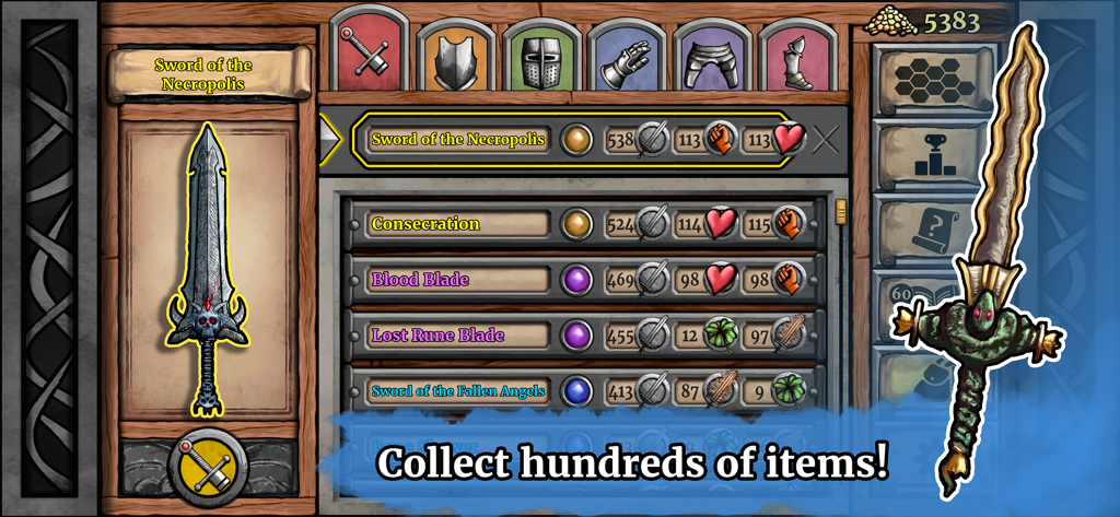 Paladin's Story: Fantasy RPG - Tela de inventário em Paladin's Story mostrando uma lista de espadas e equipamentos lendários para coletar.