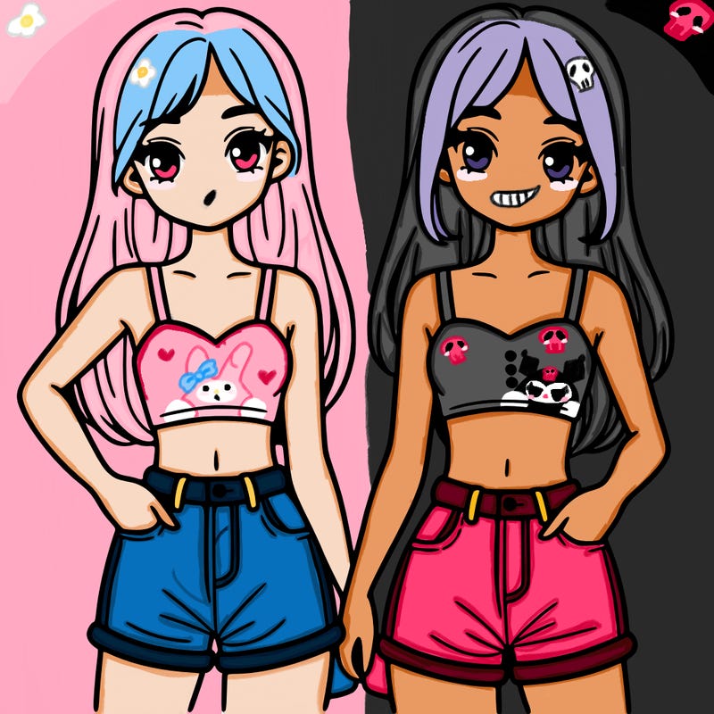 two sisters with crop tops and jean shorts and straight hair