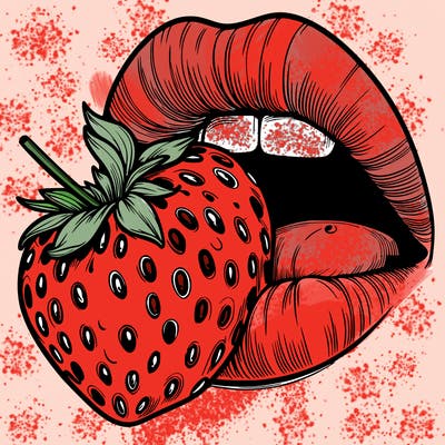 realistic lips eating strawberry