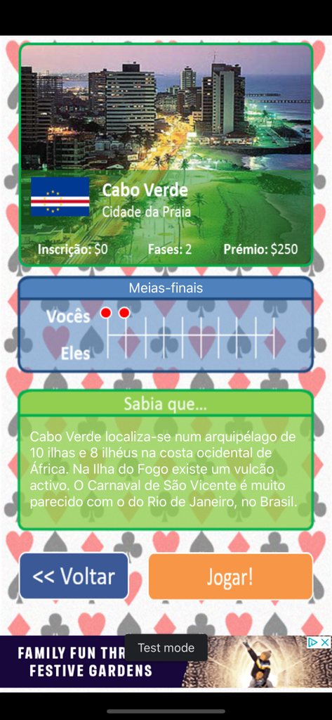 Sueca card game tournament screen showing the Cabo Verde championship with local trivia and game stats
