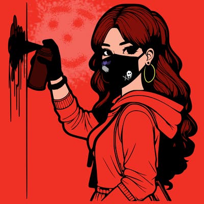 realistic girl with mask spray painting a wall