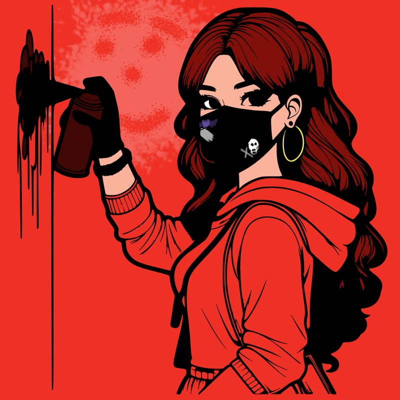 realistic girl with mask spray painting a wall