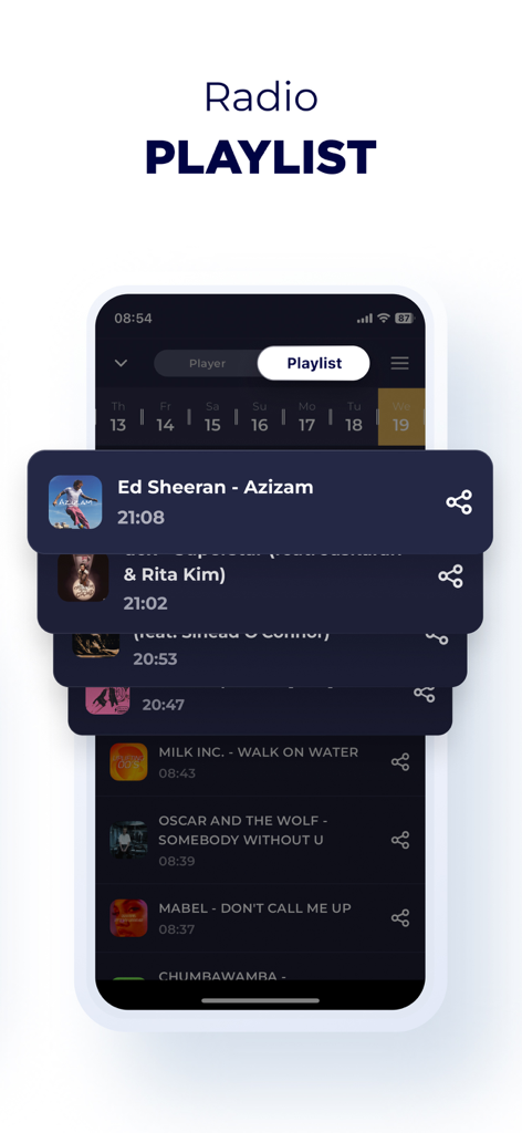 Radio Belgium FM Live Online - A mobile app screen showing the radio playlist history with artist names and song timestamps