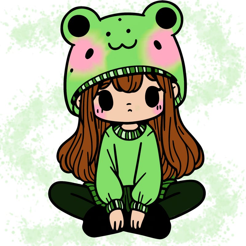 a girl wearing a frog hat and some frog socks