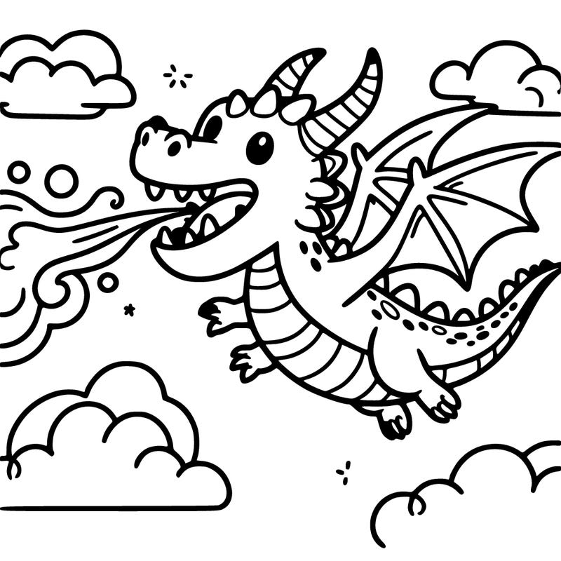 a dragon floating in the air with fire coming out of its mouth.