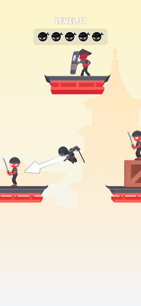 A black ninja character performs a teleport dash attack against red enemies in Slicing Hero