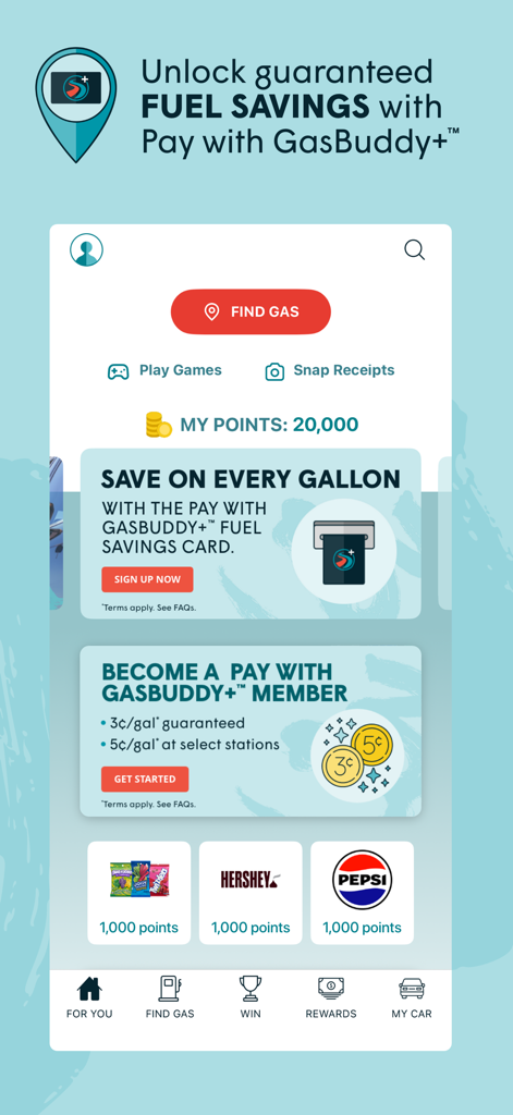 Painel do aplicativo GasBuddy mostrando opções de associação para economia de combustível e interface de recompensas de pontos