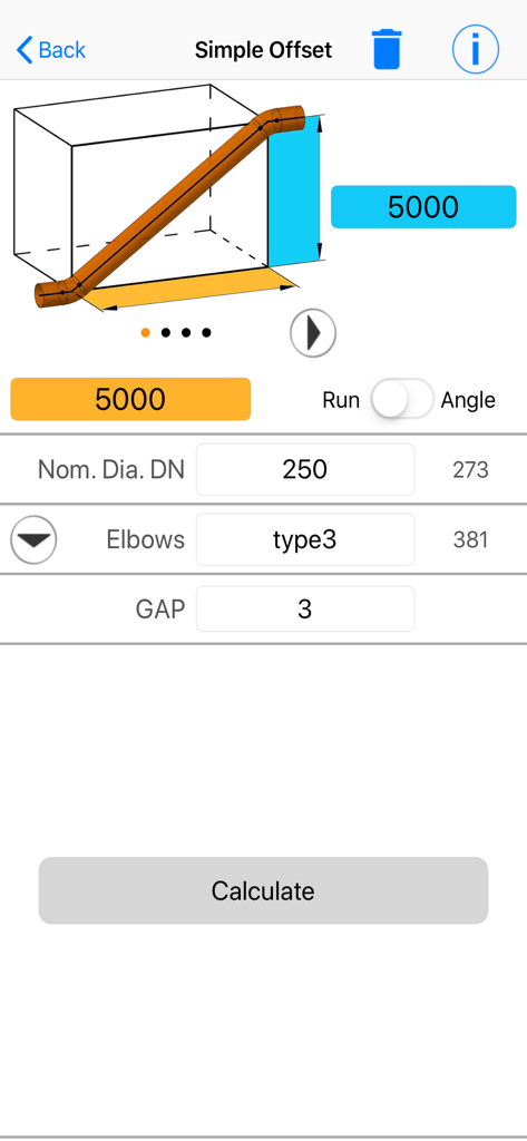 Offset Calc App - The Simple Offset screen of the Offset Calc App showing a 3D pipe diagram and input fields for nominal diameter and elbow types.
