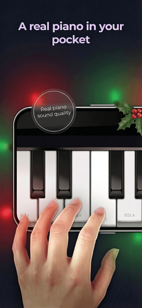 A hand playing a realistic piano keyboard on a smartphone screen
