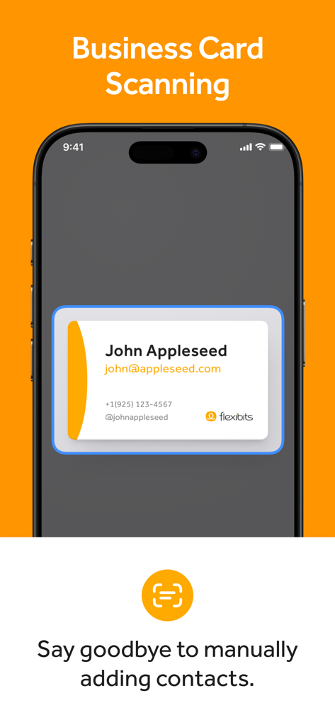 iPhone screen showing Cardhop app scanning a physical business card to automatically create a digital contact