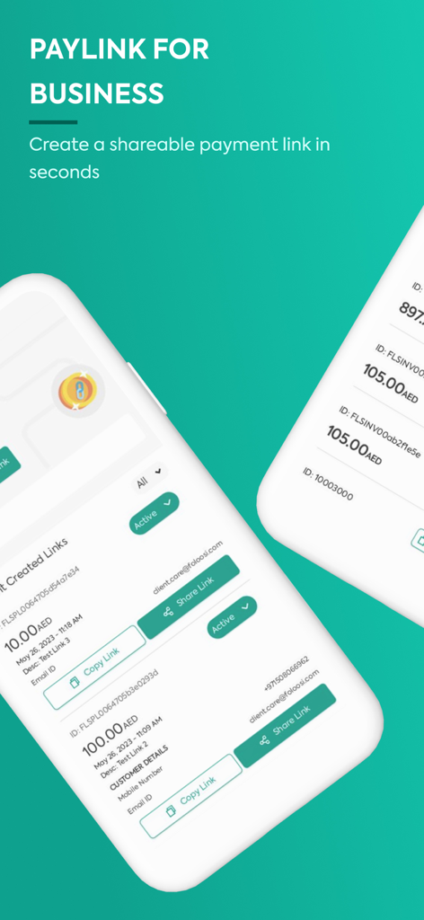 Smartphone-Bildschirme mit der Paylink-Funktion zur Erstellung teilbarer Zahlungslinks in der Foloosi Business Merchant App