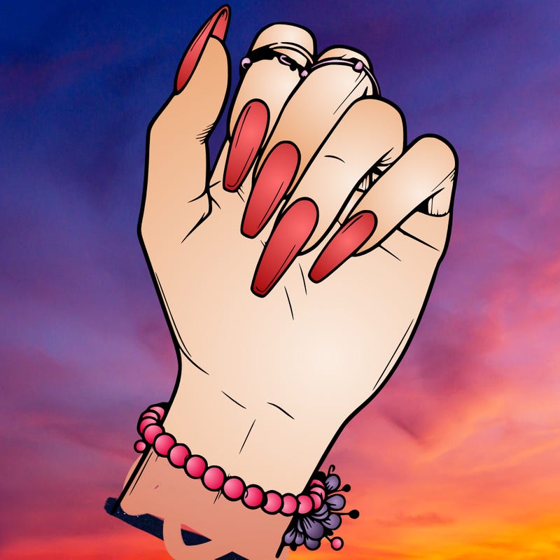 a hand with acrylic nails ,only hand,the hand is wearing a bracelet