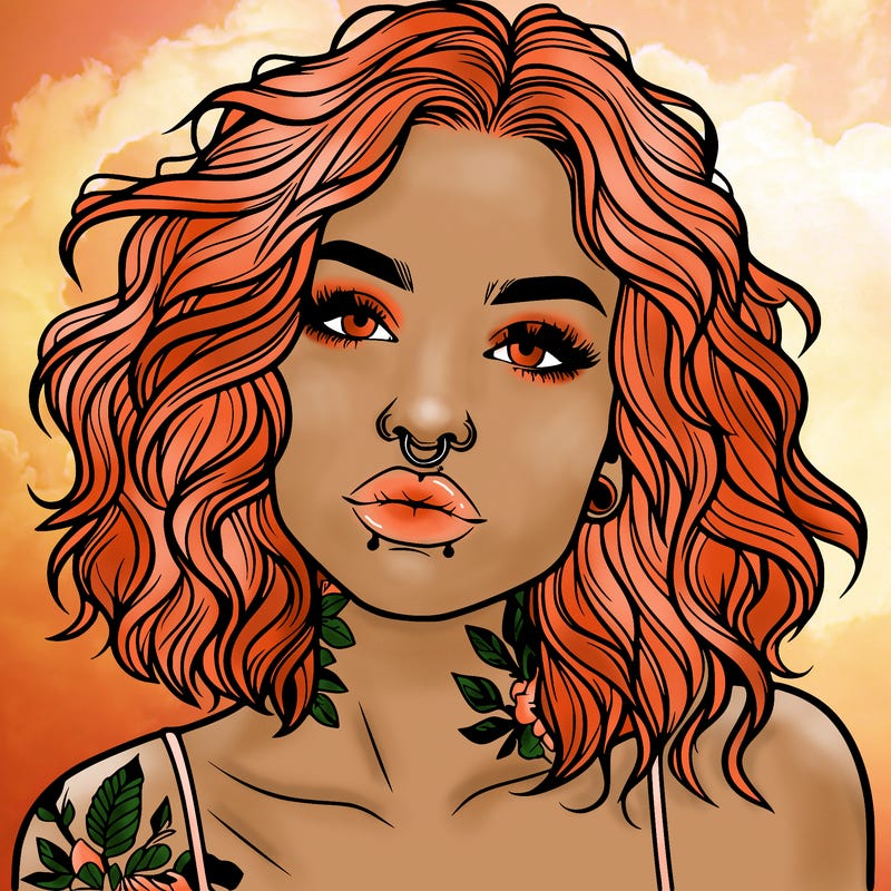 realistic woman with septum piercing and wavy hair and tattoos
