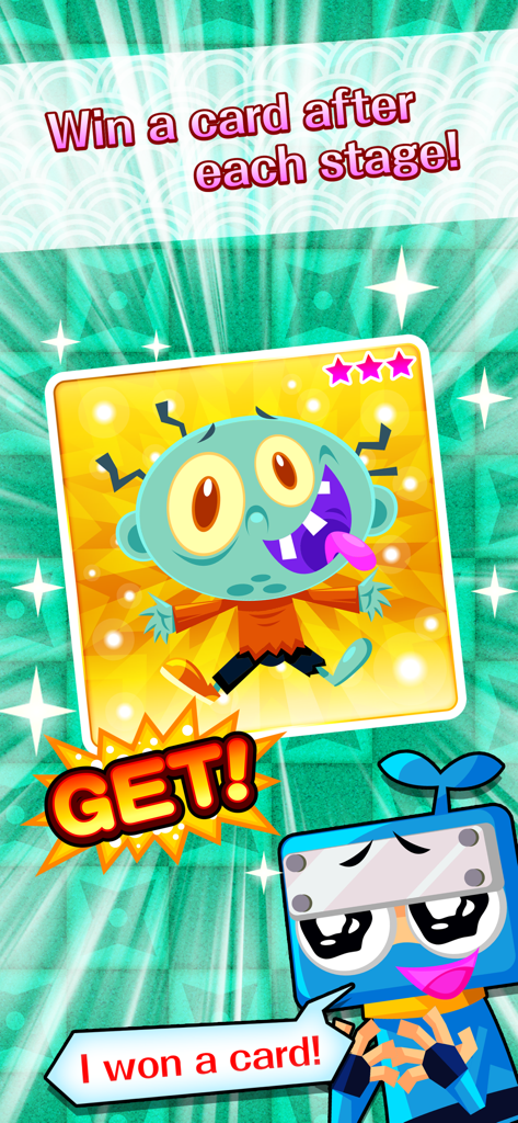 Math Ninja AR - Una schermata che mostra una ricompensa di carta collezionabile con un personaggio zombie e un ninja felice che celebra la vittoria di una carta.