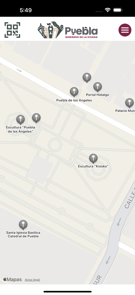 La Ciudad Como Museo - Map of Puebla historic center with landmark markers for the cathedral and monuments