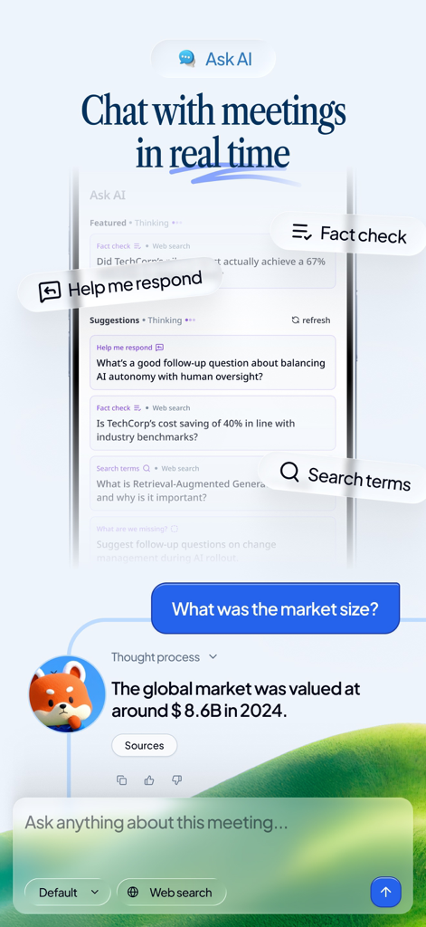 Smartphone screen showing the real-time AI chat feature of Meeting.ai with fact check and response suggestions.
