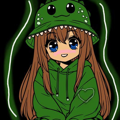 girl with anime shaped eyes with a dinosaur bucket hat oversized sweatshirt long straight hair