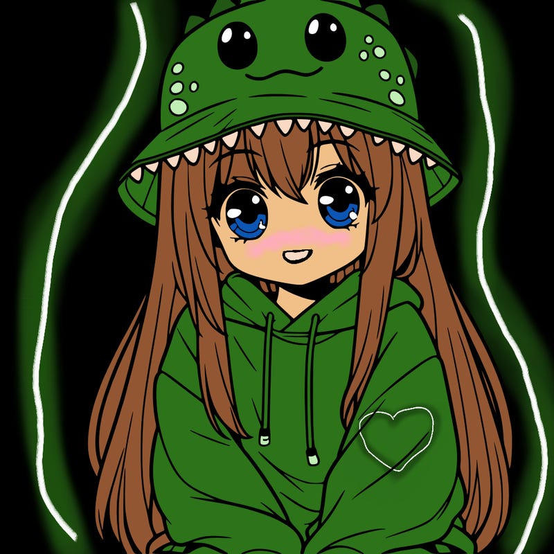 girl with anime shaped eyes with a dinosaur bucket hat oversized sweatshirt long straight hair