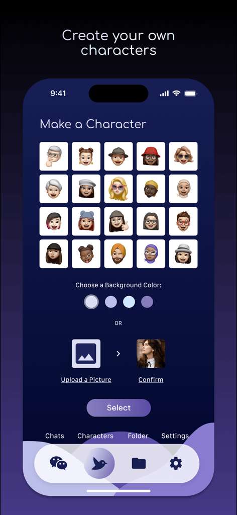 Joy AI - Joy AI app screen showing options to create and customize AI characters with avatars and background colors.