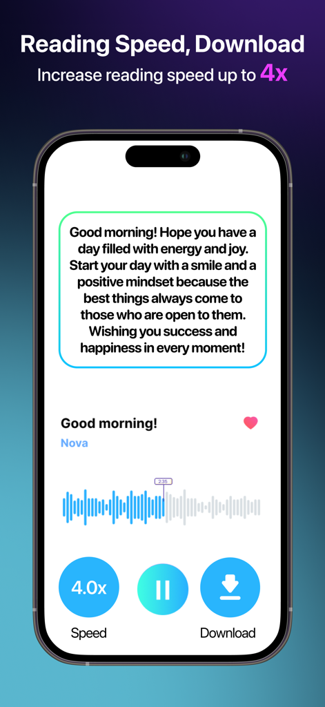 Text to Speech - AI Voices - Interfaccia dell'app Text to Speech AI Voices che mostra una velocità di lettura 4 volte superiore e la funzione di download