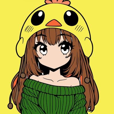 anime girl with chick shaped hat with sweater with bare shoulders with bangs covering them one eye with low tail