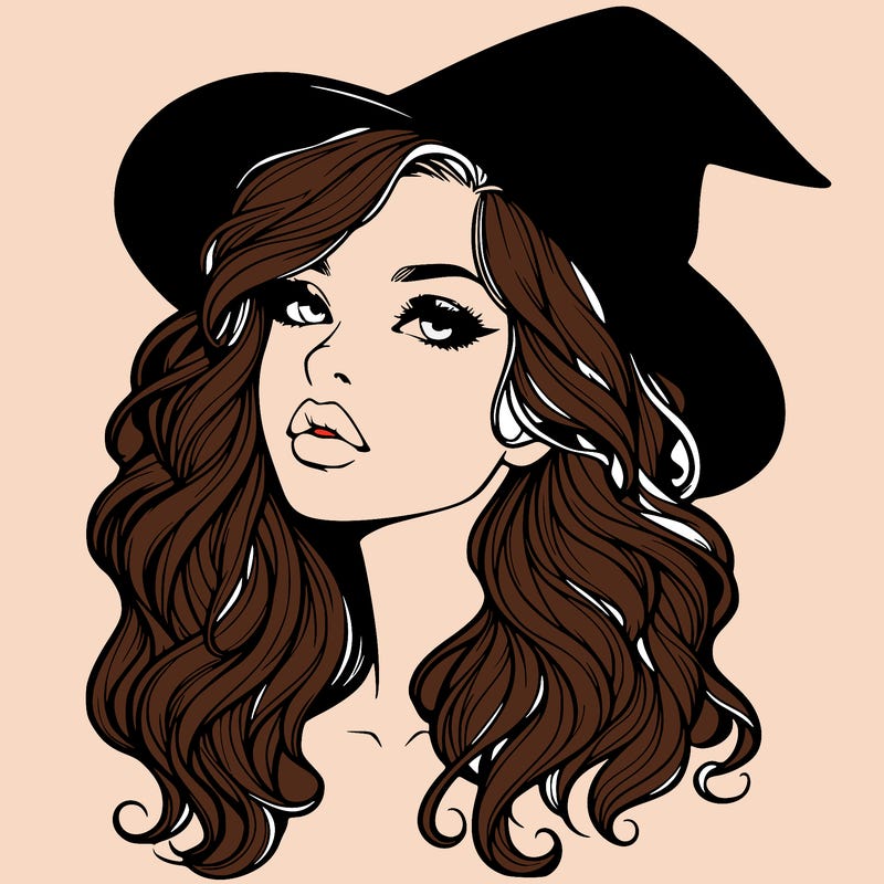 realistic witch girl with wavy hair and lips