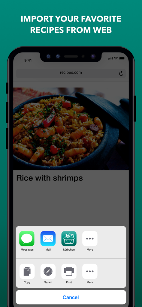 körbchen | Recipe Manager - iPhone画面に、共有メニュー経由でkoerbchenレシピマネージャーアプリにインポートされている米とエビのウェブレシピが表示されています