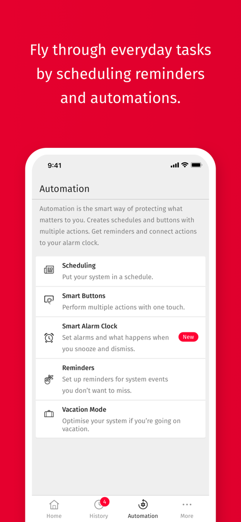 Verisure 앱 화면, 예약 및 알림과 같은 홈 자동화 기능 표시